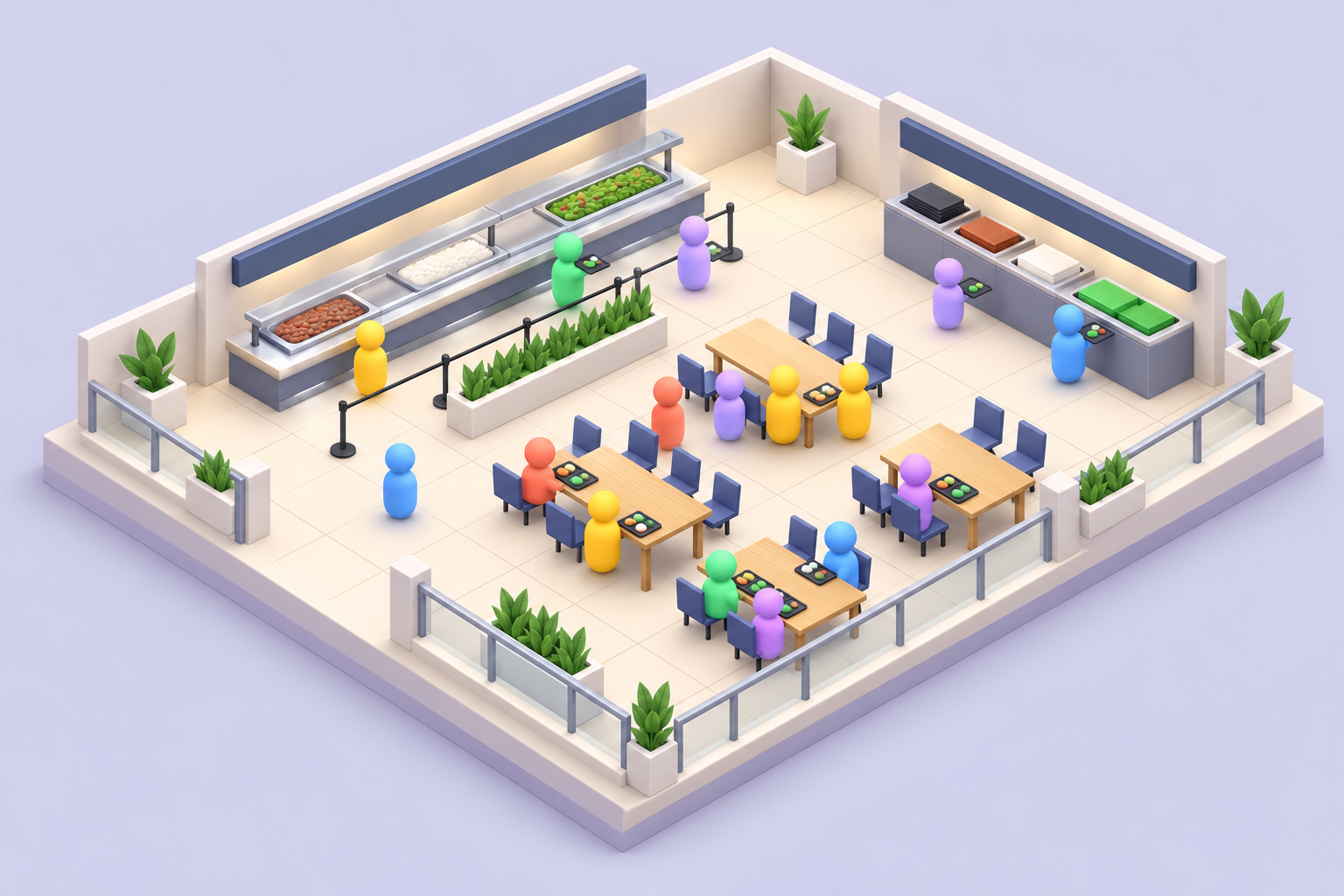 An isometric cafeteria with colorful diners, serving counters and tray returns