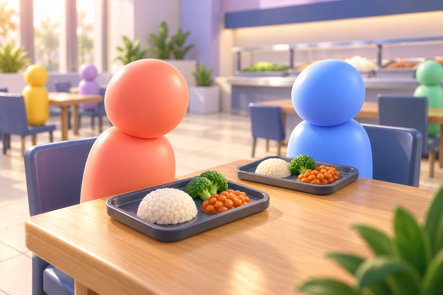 Coral and blue Traycer diners sharing a meal at a cafeteria table