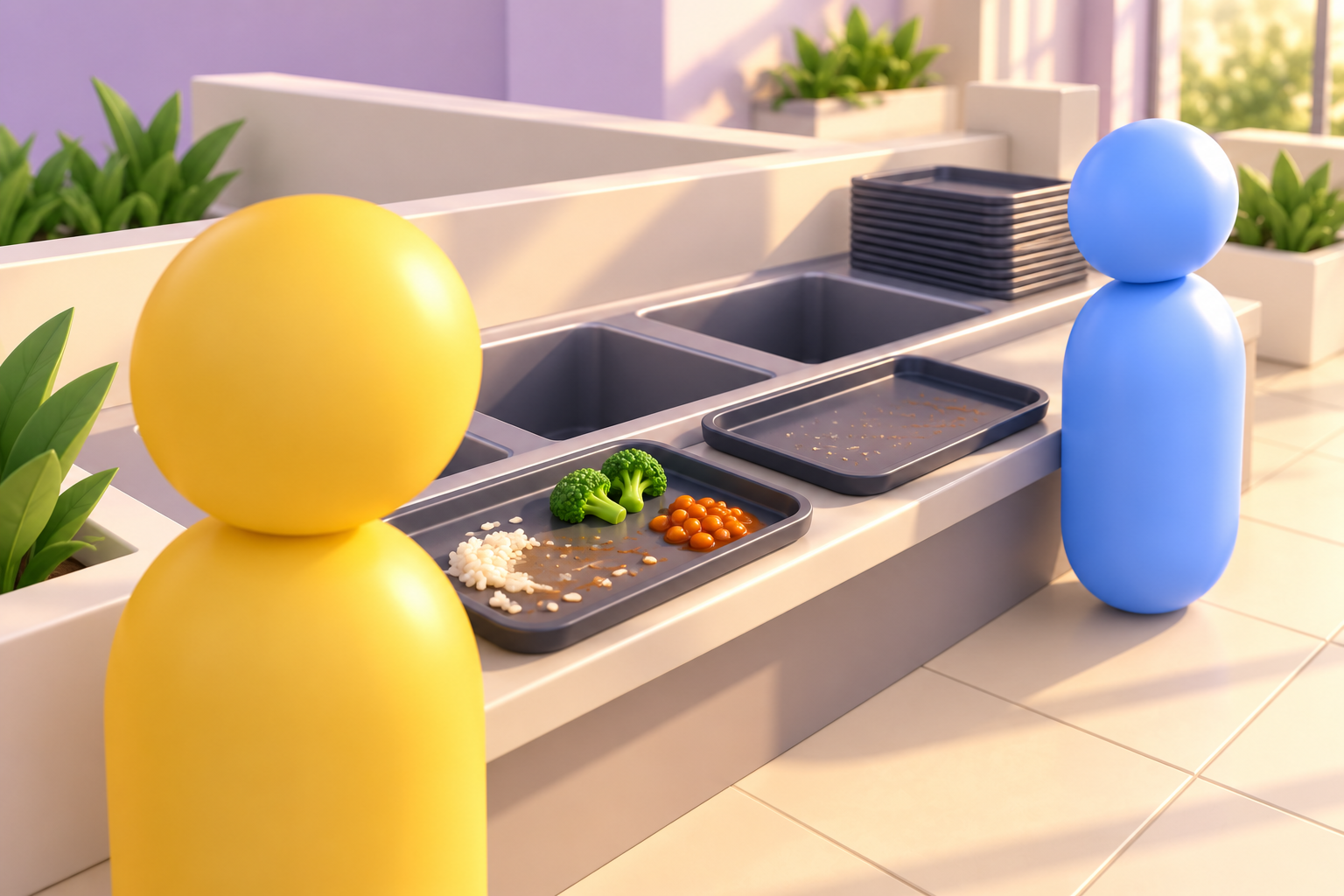 Yellow and blue diners bringing their trays to the return station