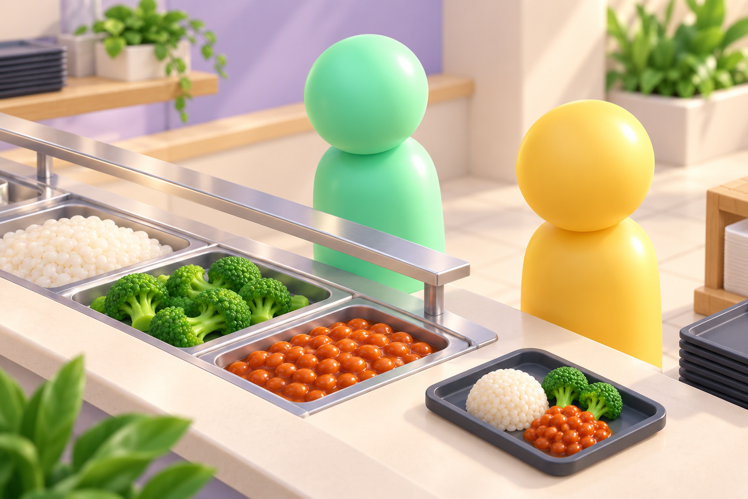 Mint and yellow diners choosing food at a serving counter